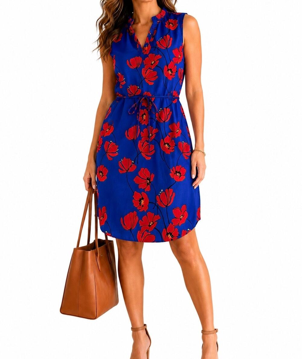 41 Hawthorn Sleeveless Blue Poppy Print Ruffle Neck Dress Size Medium